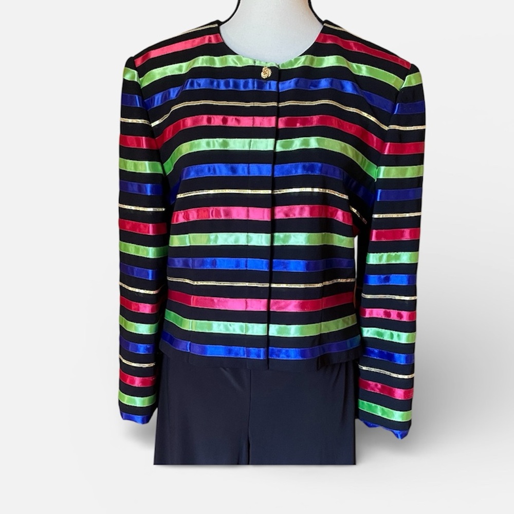 Maggy London Jacket Multicolor Satin Stripe Cropped Evening Jacket